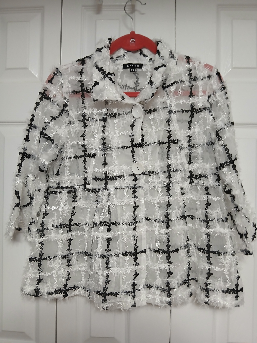 Damee Collared Button Front Jacket White Black Check Mid-Length Long Sleeve XS